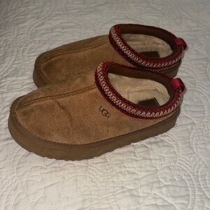 UGG Tan Suede Slippers with Red Accents